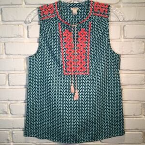 J. Crew Geometric Print Blue Embroidered Sleeveless Blouse Top 2